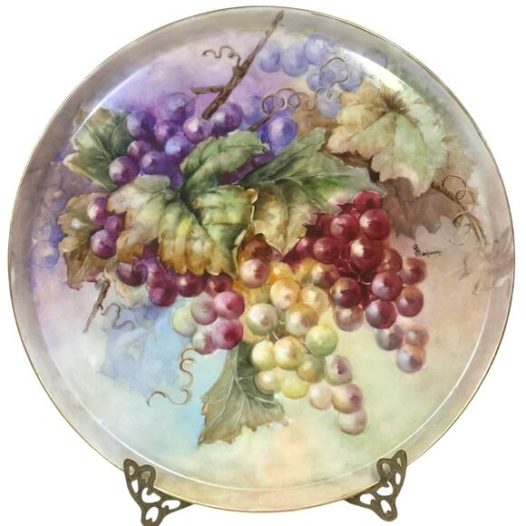 Antique T & V Tressemann & Vogt Limoges France Grapes Painted 13.5" Round Tray - Picture 1 of 9